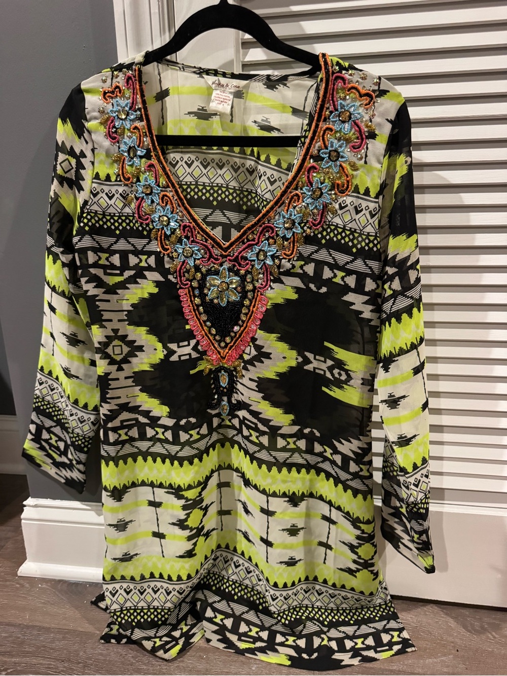 Embroidered V-Neck Swim Coverup in Lime & Black